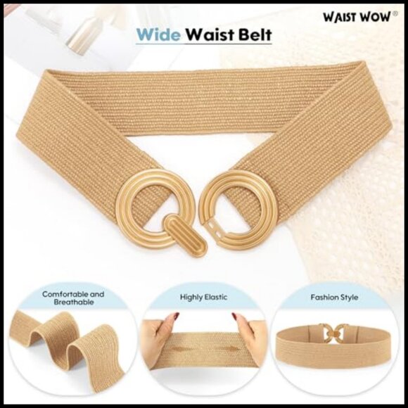 Straw Woven Elastic Wide Belt Boho Stretchy Dress Belt with Gold Buckle